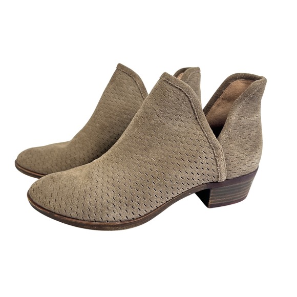 Lucky Brand Shoes - Lucky Brand Perforated Suede Ankle‎ Booties Taupe Block Heel Cutout Womens 7.5M